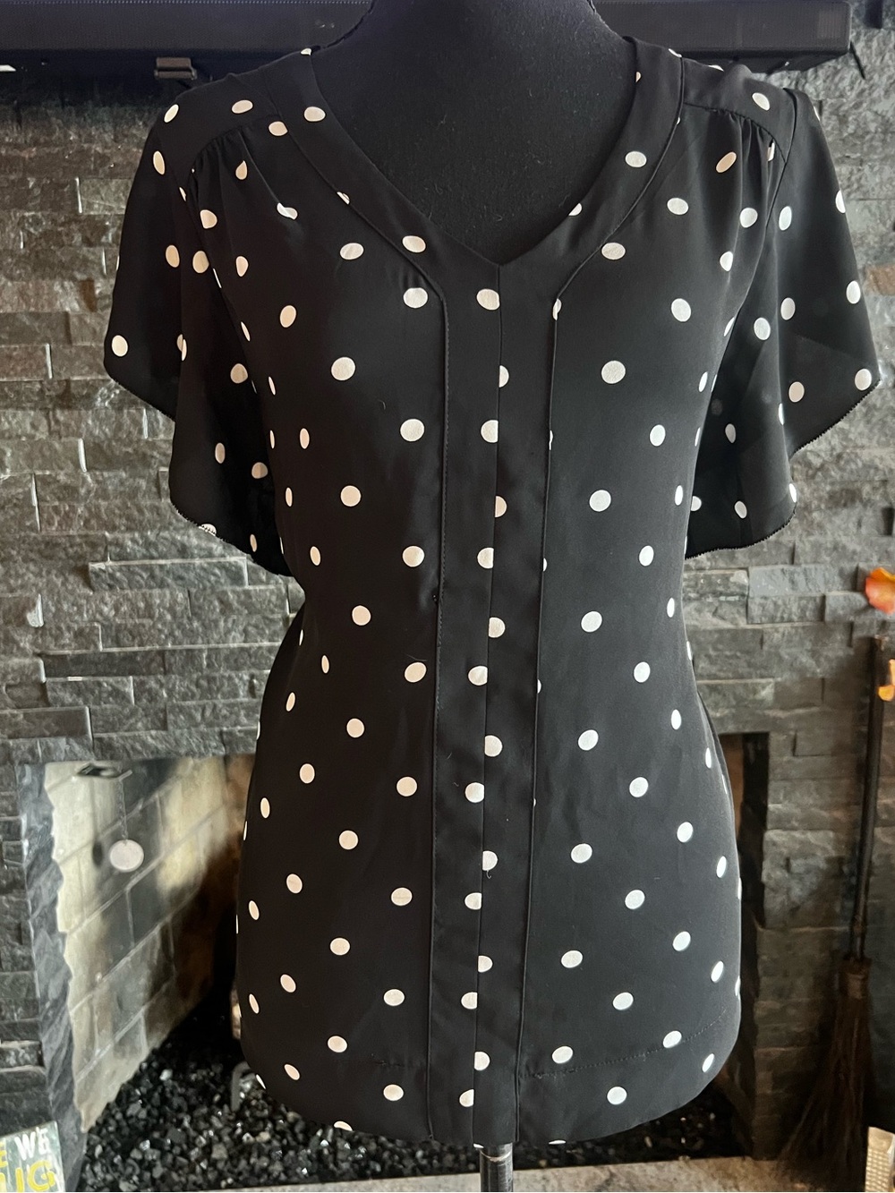 Philosophy Black Polka Dot V-Neck Flutter Sleeve Blouse
